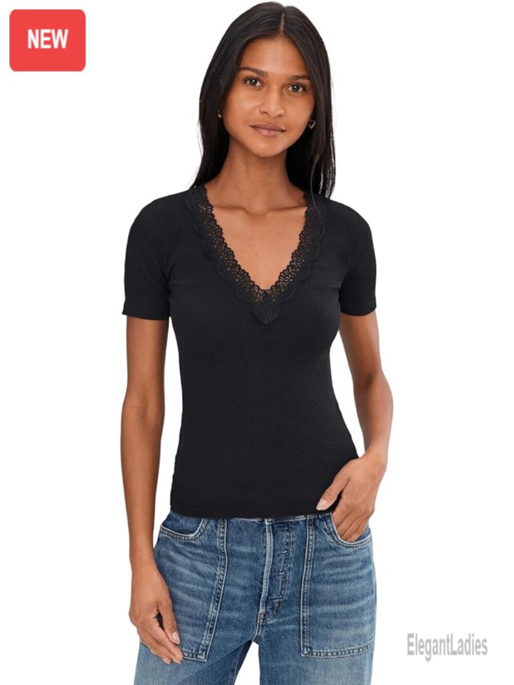 V-Neck Lace-Trim Top Short Sleeve Cotton Blend